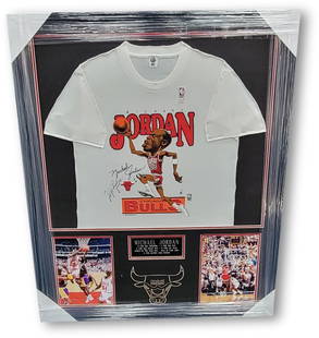 Michael Jordan Signed T-Shirt Custom Framed Chicago Bulls Beckett: Michael Jordan Signed T-Shirt Custom Framed Chicago Bulls Beckett Sport: Basketball Product: Jersey Original/Reprint: Original Player: Michael Jordan Autograph Authentication: Beckett Autograph Authen