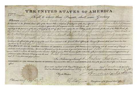 Andrew Jackson  Signed 9.75x15.75 1830 Land Grant Document BAS #AD04262: Andrew Jackson Signed 9.75x15.75 1830 Land Grant Document BAS #AD04262 Autograph Authentication: Beckett Original/Reproduction: Original Product Coa: Beckett Product Signed By Name: Andrew Jackson Pre