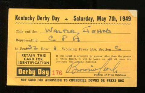 1949 Kentucky Derby Press Pass Ticket 5/7/49 Ponder Ex 23212: 1949 Kentucky Derby Press Pass Ticket 5/7/49 Ponder Ex 23212 Year: 1949 Original/Reproduction: Original Product Type: Ticket Stub Pre-Owned While the lot images are representative of the item, the siz