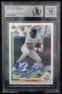 1991 Upper Deck #352 Deion Sanders New York Yankees BAS Autograph 10: 1991 Upper Deck #352 Deion Sanders New York Yankees BAS Autograph 10 Graded: No Sport: Baseball Player/Athlete: Deion Sanders Manufacturer: Upper Deck Season: 1991 Features: Autograph Set: 1991 Upper