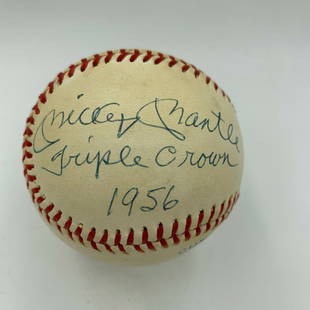 Beautiful Mickey Mantle Triple Crown 1956 Signed Inscribed Baseball JSA COA: Beautiful Mickey Mantle Triple Crown 1956 Signed Inscribed Baseball JSA COA Original/Reprint: Original Autograph Authentication: James Spence (JSA) Product: Ball Player: Mickey Mantle Featured Refinem