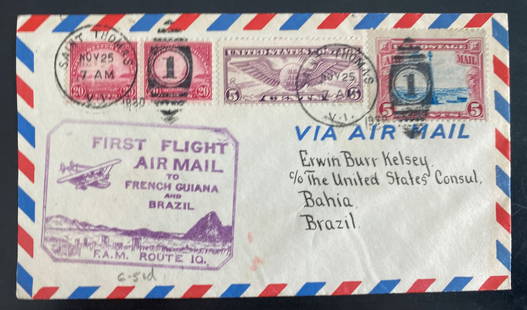 1930 St Thomas Virgin Islands First Flight Airmail Cover To Bahia Brazil FAM 10: 1930 St Thomas Virgin Islands First Flight Airmail Cover To Bahia Brazil FAM 10 Grade: Ungraded Quality: Used Place Of Origin: United States Event: First Flight Topic: Architecture Certification: