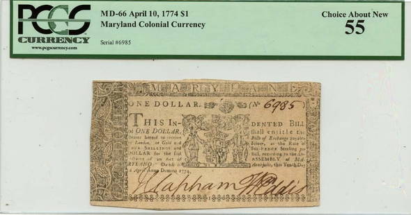 April 10 1774 $1 Maryland Colonial Note MD-66 PCGS AU55: April 10 1774 $1 Maryland Colonial Note MD-66 PCGS AU55 Certification: PMG Certification Number: 80635014 Grade: AU55 Circulated/Uncirculated: Circulated Type: MD-66 Pre-Owned The MYNT Guarantee: All