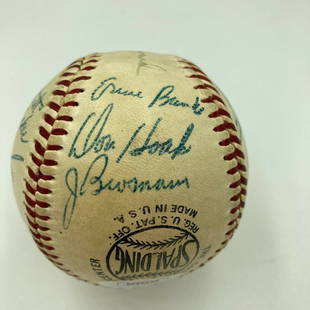 Nice 1956 Chicago Cubs Team Signed National League Baseball Ernie Banks JSA COA: Nice 1956 Chicago Cubs Team Signed National League Baseball Ernie Banks JSA COA Product: Ball Sport: Baseball-MLB Autograph Authentication: James Spence Authentication (JSA) Original/Reprint: Original