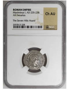 Roman Empire Maximinus I  AD 235-238 Ch AU  The Seven Hills Hoard Ancient Coin: Roman Empire Maximinus I AD 235-238 Ch AU The Seven Hills Hoard Ancient Coin Grade: CH AU Ruler: Maximinus Denomination: AR Denarius Composition: Silver Certification: NGC Certification Number: 359781