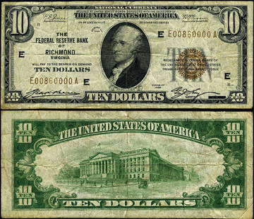 FR. 1860 E $10 1929 Federal Reserve Bank Note Richmond E-A Block VF: FR. 1860 E $10 1929 Federal Reserve Bank Note Richmond E-A Block VF Grade: VF Certification: Uncertified Circulated/Uncirculated: Circulated Denomination: $10 Type: Federal Reserve Bank Note Year: 192