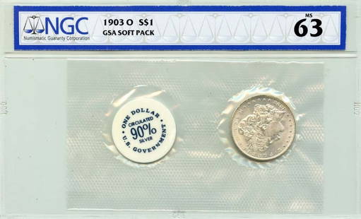1903-O Morgan Dollar GSA SOFT PACK S$1 NGC MS63: 1903-O Morgan Dollar GSA SOFT PACK S$1 NGC MS63 Certification: NGC Certification Number: 1512376002 Grade: MS63 Year: 1903 Circulated/Uncirculated: Uncirculated Mint Location: New Orleans