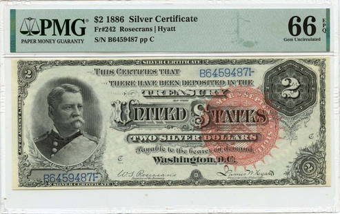 1886 $2 Silver Certificate Large Red w/ Spikes Fr# 242 PMG Gem66 EPQ: 1886 $2 Silver Certificate Large Red w/ Spikes Fr# 242 PMG Gem66 EPQ Circulated/Uncirculated: Uncirculated Denomination: Silver Certificate Year: 1886 Grade: MS66 Certification: PMG Certification
