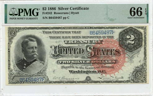 1886 $2 Silver Certificate Large Red w/ Spikes Fr# 242 PMG Gem66 EPQ: 1886 $2 Silver Certificate Large Red w/ Spikes Fr# 242 PMG Gem66 EPQ Circulated/Uncirculated: Uncirculated Denomination: Silver Certificate Year: 1886 Grade: MS66 Certification: PMG Certification Numb