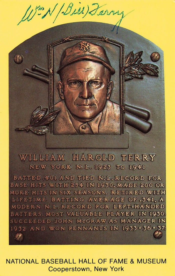 William "Bill" Terry signed 4x6 Hall of Fame Plaque Card-BAS: William "Bill" Terry signed 4x6 Hall of Fame Plaque Card-BAS Sport: Baseball Player: Bill Terry Signed: Yes Autograph Authentication: Beckett Authentication Services (BAS) Original/Reprint: Original P