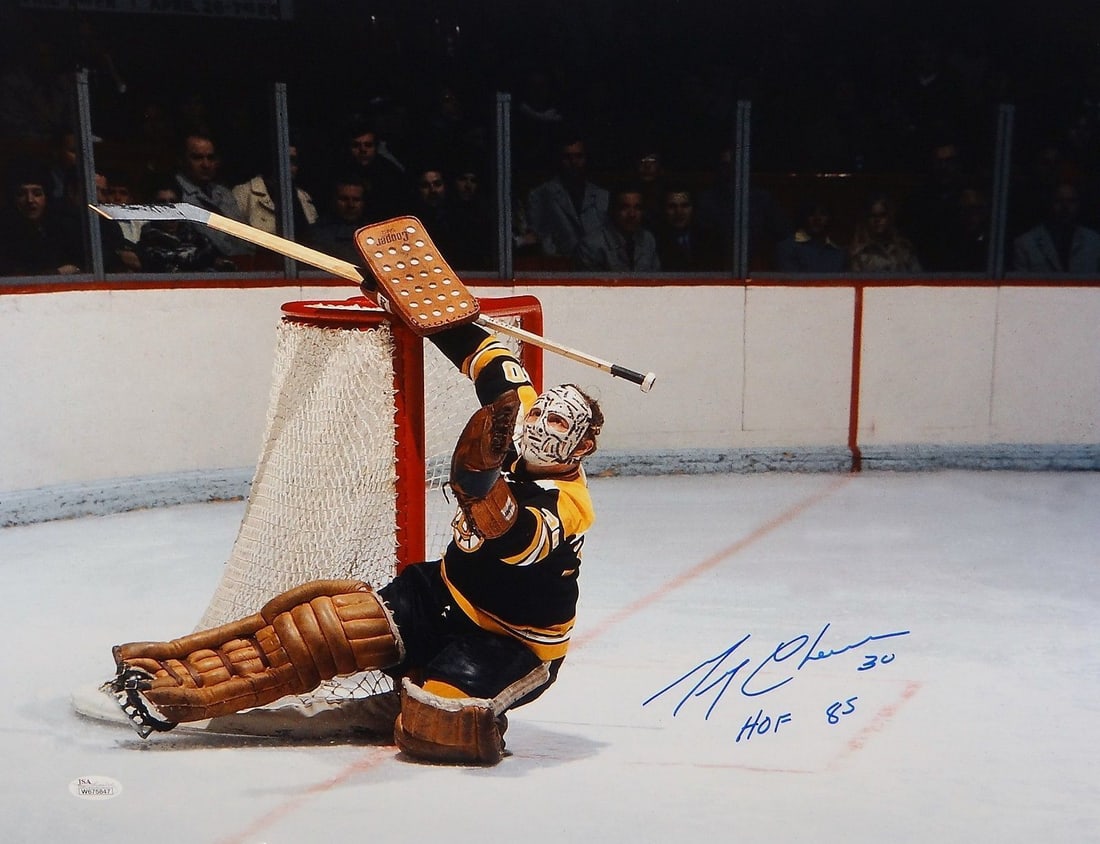 Gerry Cheevers HOF Autographed 16x20 Sliding Save Photo- JSA W ated: Gerry Cheevers HOF Autographed 16x20 Sliding Save Photo- JSA W ated Autograph Authentication: James Spence (JSA) Original/Reprint: Original Sport: Hockey Pre-Owned While the lot images are representat