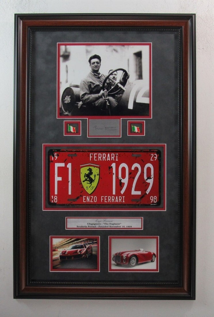 Enzo Ferrari Collage w/Laser Engraved Autograph and License Plate Framed 187380: Enzo Ferrari Collage w/Laser Engraved Autograph and License Plate Framed 187380 Pre-Owned While the lot images are representative of the item, the size, placement and strength of the signature may var