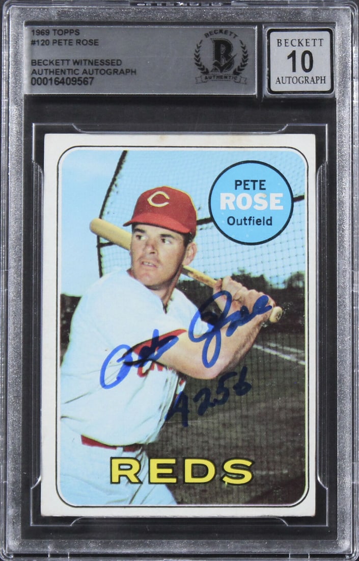 Reds Pete Rose "4256" Signed 1969 Topps #120 Card Auto Graded 10! BAS Slabbed 2: Reds Pete Rose "4256" Signed 1969 Topps #120 Card Auto Graded 10! BAS Slabbed 2 Sport: Baseball Product: Box Box & Case Breaks Case Coin etopps (In-hand) Lot Pack Original/Reprint: Original Player: Pe