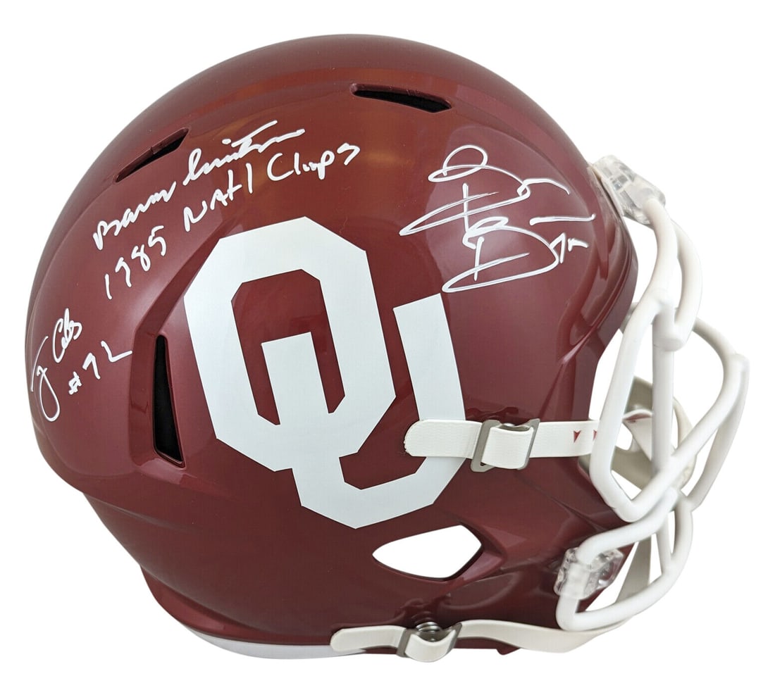 Oklahoma (3) Switzer Bosworth & Casillas Signed F/S Speed Rep Helmet BAS Wit: Oklahoma (3) Switzer Bosworth & Casillas Signed F/S Speed Rep Helmet BAS Wit Sport: Football Product: Helmet Original/Reprint: Original Team: Oklahoma Sooners Player: Barry Switzer Brian Bosworth & To