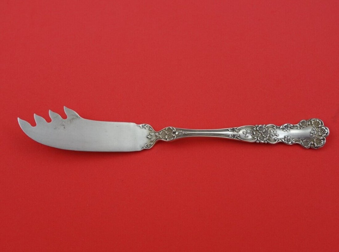 Buttercup by Gorham Sterling Silver Cheese Knife w/ Four Picks FH AS Orig 7 7/8": Buttercup by Gorham Sterling Silver Cheese Knife w/ Four Picks FH AS Orig 7 7/8" Intricately carved floral motifs carefully arranged along the handle and by the neck of this fanciful pattern are balan