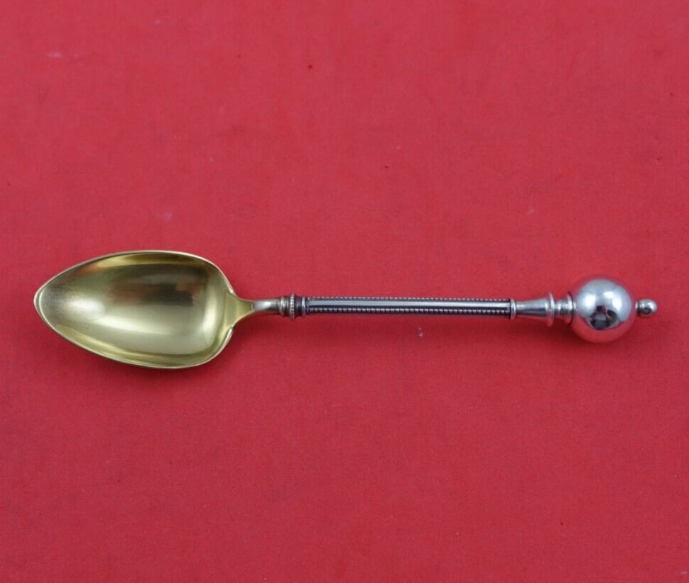 Ball End by George Sharp Sterling Silver Demitasse Spoon Gold Washed 4 3/4": Ball End by George Sharp Sterling Silver Demitasse Spoon Gold Washed 4 3/4" Ball end by george sharpsterling silver demitasse spoon gold washed 4 3/4" in the pattern ball end by george sharp. It is no