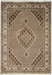 6 x 8 Tabriz Mahi Wool & Silk Traditional Rug: 6 x 8 Tabriz Mahi Wool & Silk Traditional Rug Free continental US Shipping Size in Feet: Width: 6 x Length: 8 Size in Inches: Width: 72 in x Length: 96 in Colors: The rug displays a sandy beige base w