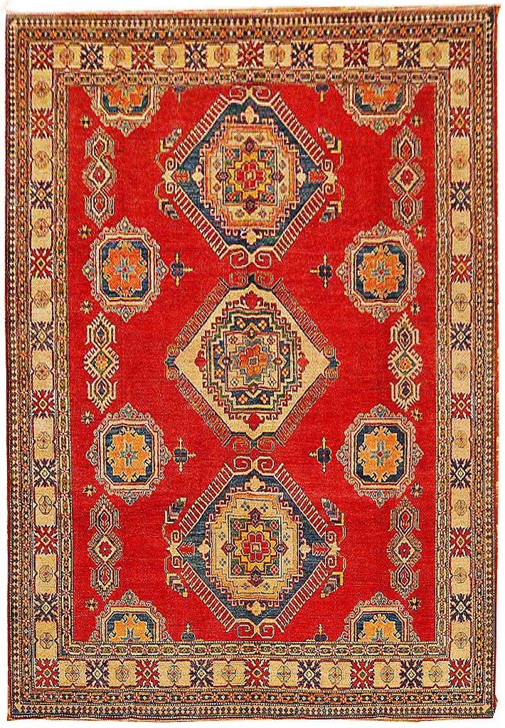10 x 14 Red Yak Kash Kazak Rug: 10 x 14 Red Yak Kash Kazak Rug Free continental US Shipping Size in Feet: Width: 10 x Length: 14 Size in Inches: Width: 120 in x Length: 168 in Colors: Orange Red Ivory blue green Weave: 100% Handmade