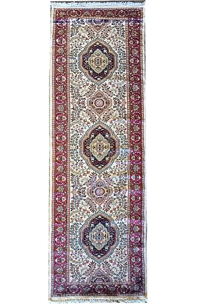 2 x 10 Kashmir Hand knotted Runner Bamboo Silk Rug: 2 x 10 Kashmir Hand knotted Runner Bamboo Silk Rug Free continental US Shipping Size in Feet: Width: 2.6 x Length: 10.2 Size in Inches: Width: 30 in x Length: 122 in Rug Type: Area Rug Colors: Ivory P