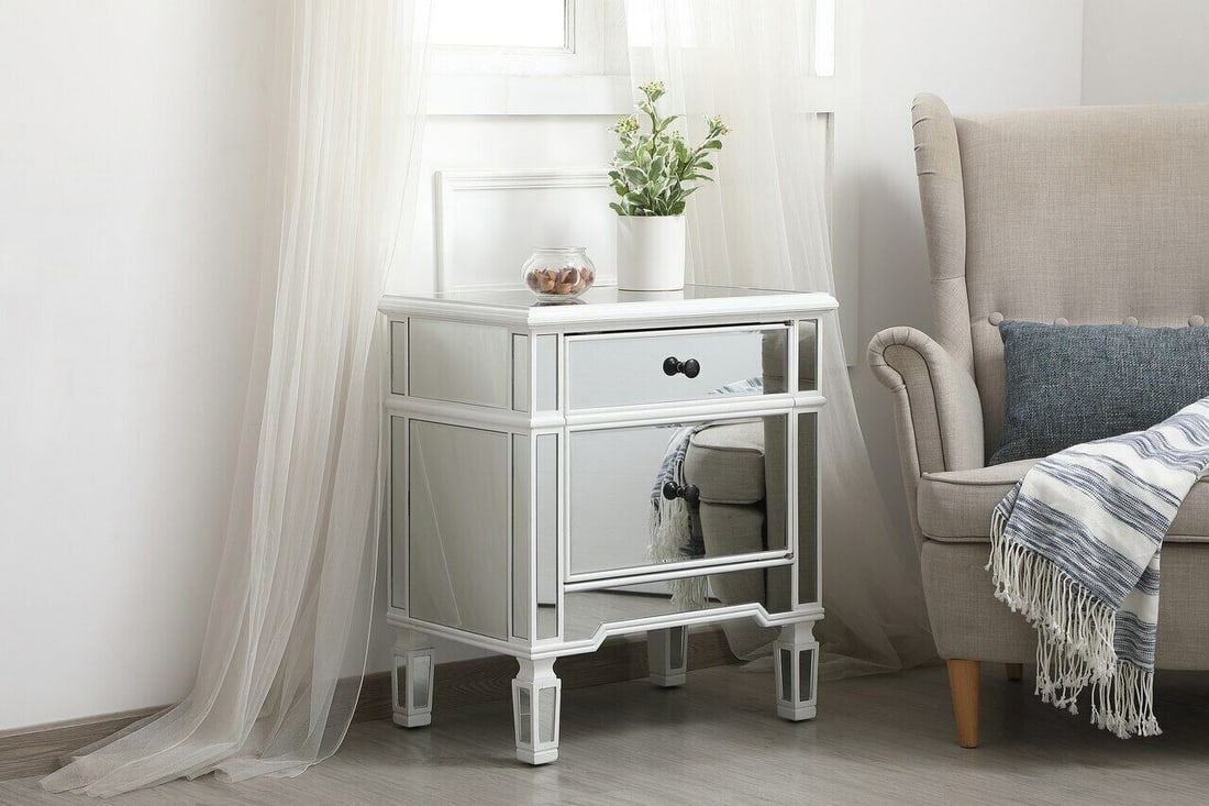 ANTIQUE WHITE AND MIRRORED DRESSER SIDE TABLE LIVING DINING ROOM BEDROOM CABINET: ANTIQUE WHITE AND MIRRORED DRESSER SIDE TABLE LIVING DINING ROOM BEDROOM CABINET Item Depth: 16" Item Height: 27 in Easy: ASSEMBLY Warranty: 1 year on finish and frame Item Width: 24 in Size: HT. 27"