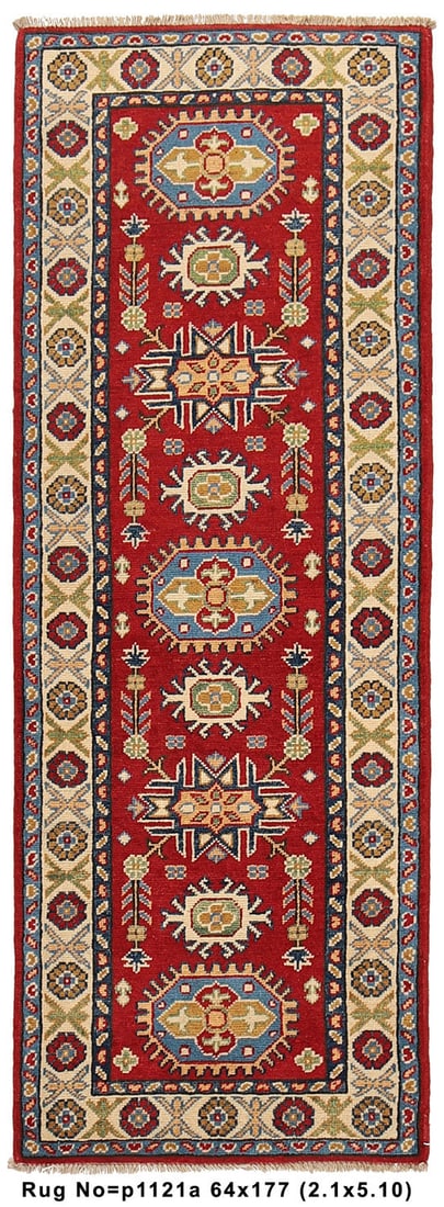 2 x 6 Narrow Runner Elegance Geometric Treasure Handmade Kazak Rug: 2 x 6 Narrow Runner Elegance Geometric Treasure Handmade Kazak Rug Free continental US Shipping Size in Feet: Width: 2.1 x Length: 5.10 Size in Inches: Width: 25 in x Length: 70 in Rug Type: Area Rug 