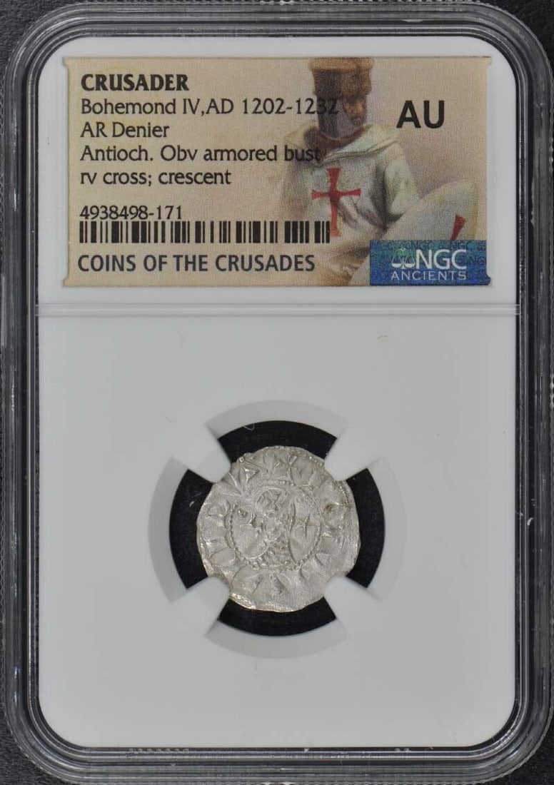 Crusader Bohemond IV AD 1202-1232 AR Denier NGC AU50: Crusader Bohemond IV AD 1202-1232 AR Denier NGC AU50 Certification: NGC Grade: AU50 Certification Number: 4938498171 Date: NONE Pre-Owned The MYNT Guarantee: All items in this auction are guaranteed t