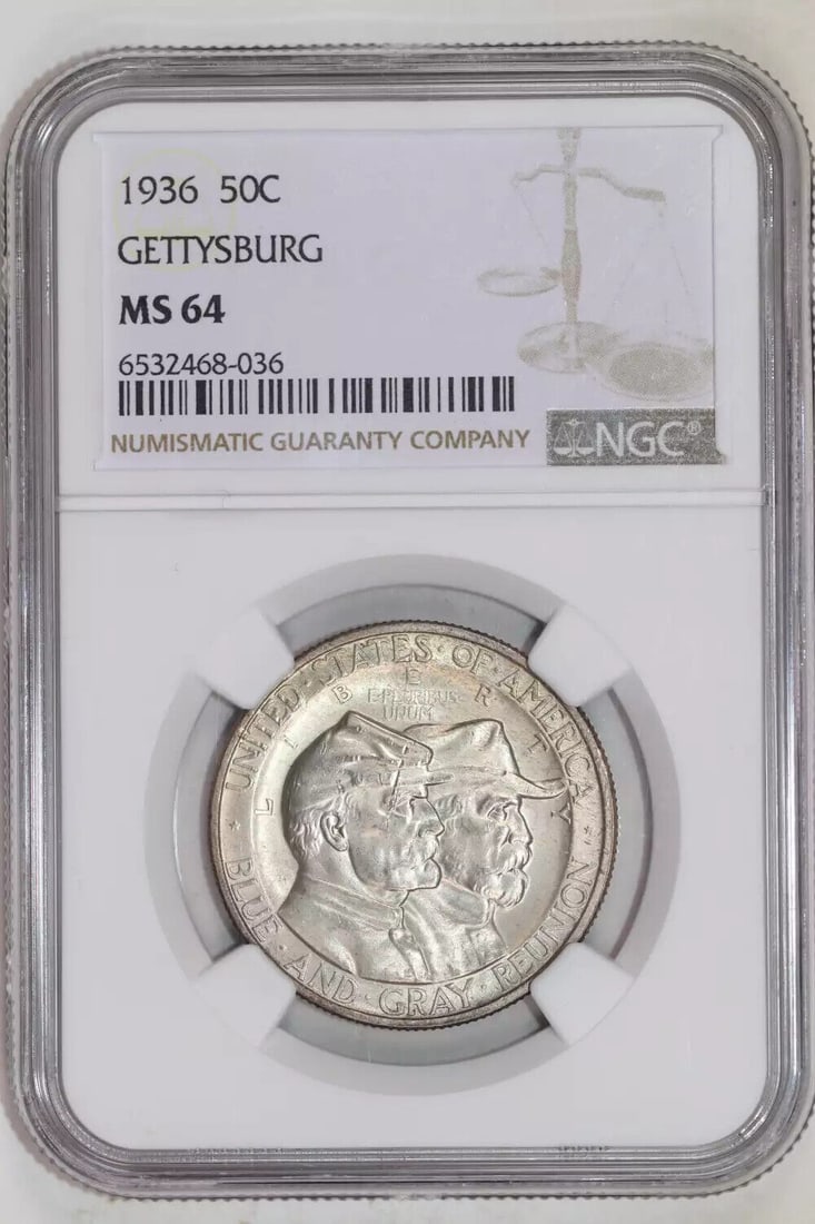 1936 GETTYUSBURG SILVER COMMEMORATIVE HALF DOLLAR NGC MS64: 1936 GETTYUSBURG SILVER COMMEMORATIVE HALF DOLLAR NGC MS64 Certification: NGC Composition: Silver Grade: MS 64 Year: 1936 Circulated/Uncirculated: Uncirculated Mint Location: Philadelphia Km Number: U