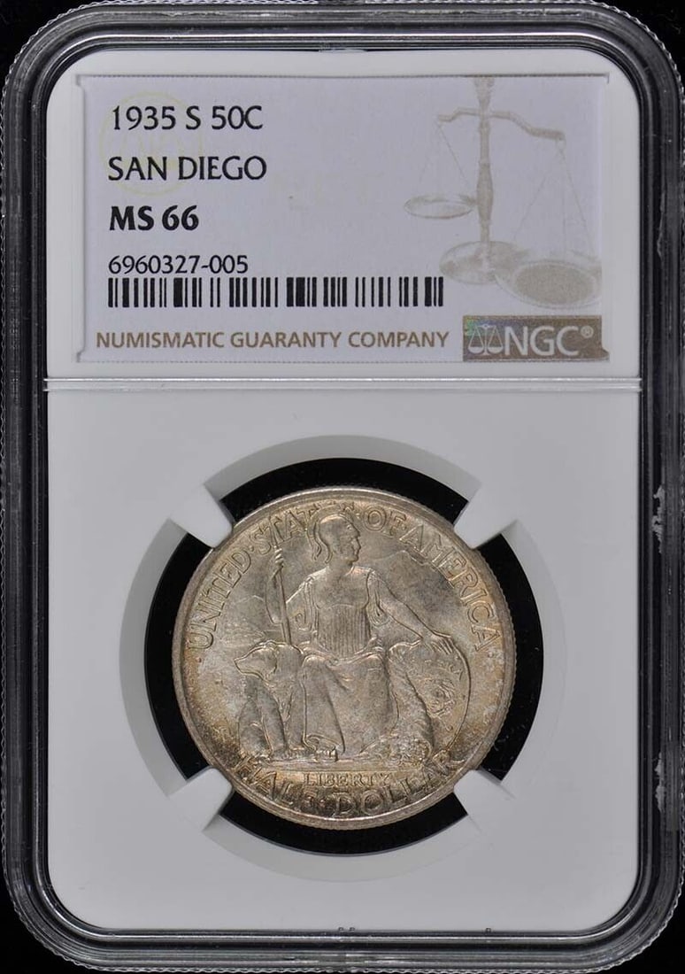 SAN DIEGO 1935-S Silver Commemorative 50C NGC MS66: SAN DIEGO 1935-S Silver Commemorative 50C NGC MS66 Certification: NGC Certification Number: 6960327005 Grade: MS66 Year: 1935 Denomination: San Diego 50c Circulated/Uncirculated: Uncirculated Mint Loc