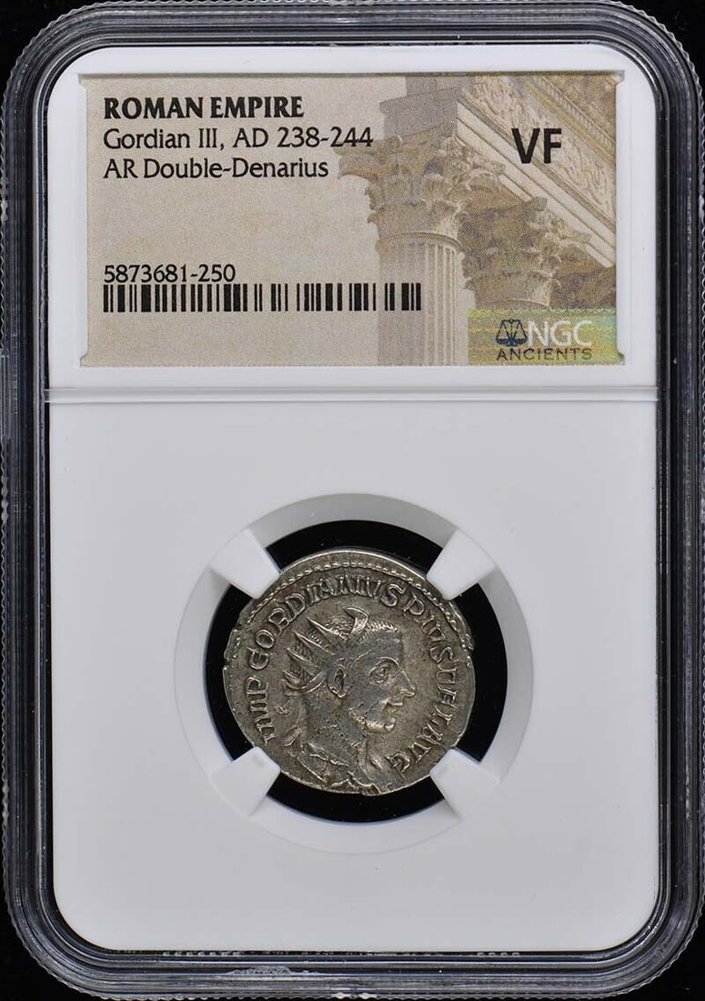 Gordian III AD 238-244 ROMAN EMPIRE AR Double-Denarius NGC VF20: Gordian III AD 238-244 ROMAN EMPIRE AR Double-Denarius NGC VF20 Certification: NGC Grade: VF20 Certification Number: 5873681250 Date: NONE Pre-Owned The MYNT Guarantee: All items in this auction are g