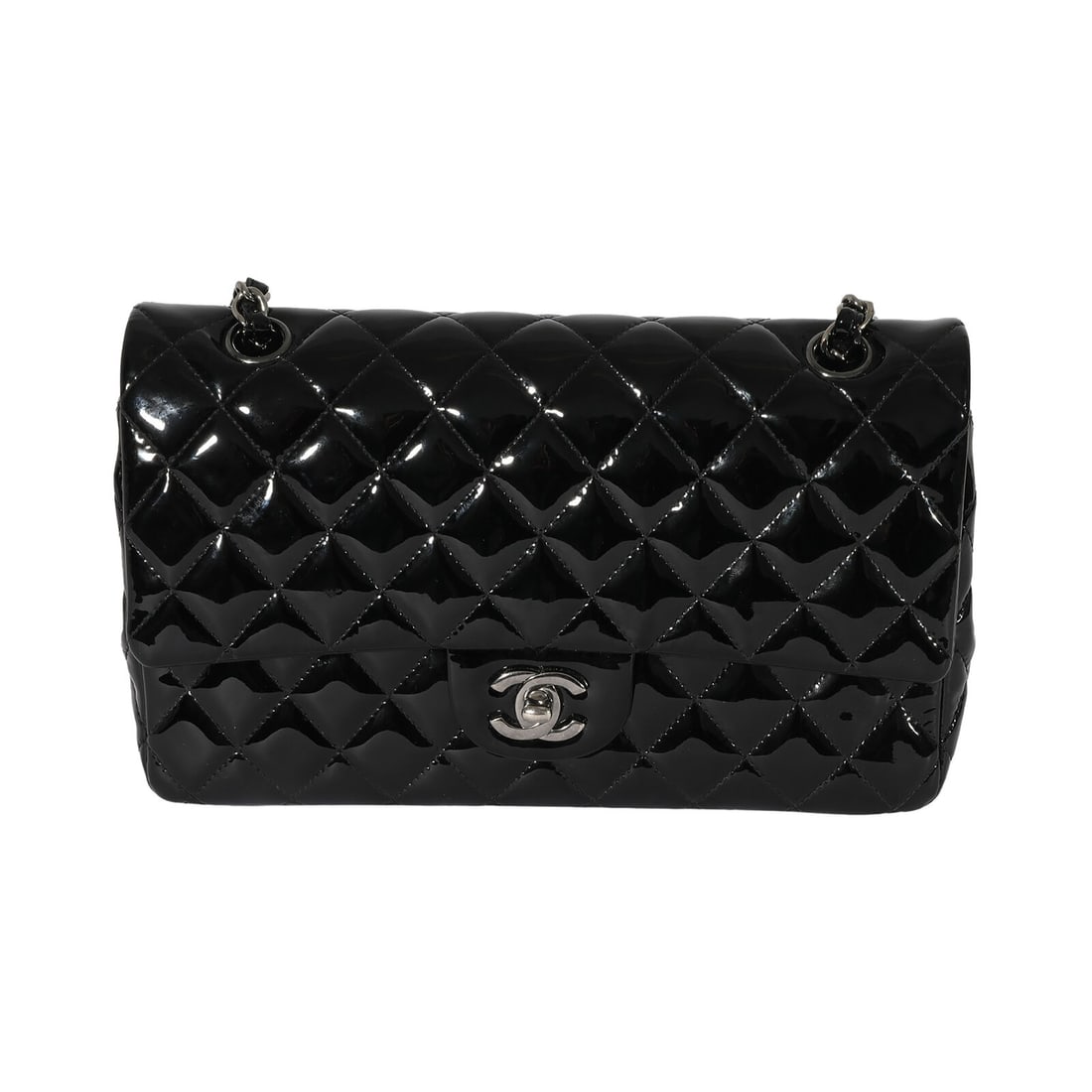 Chanel Black Patent Medium Classic Double Flap: Chanel Black Patent Medium Classic Double Flap Dimensions: 10 x 6.5 x 2.5 Handbag Accessories: None Bag Width: 10 in Bag Depth: 2.5 in Bag Height: 6.5 in Style: Crossbody Bag;Evening Bag;Shoulder Bag