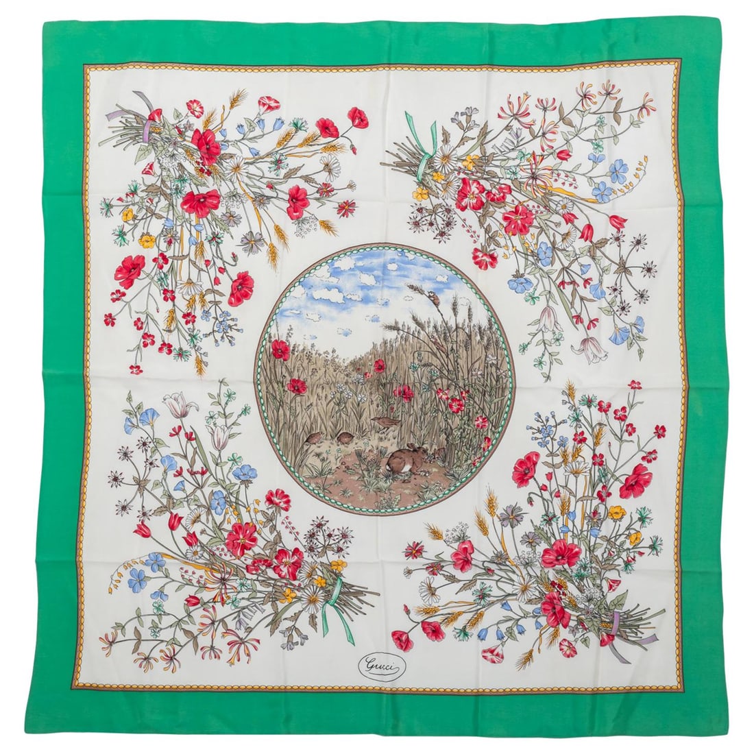 Gucci Green Rabbit Flowers Silk Scarf: Gucci Green Rabbit Flowers Silk Scarf Designer: Gucci Brand: Gucci Dimensions: Height: 35 in (88.9 cm)Length: 35 in (88.9 cm) Period: 21st Century Pre-Owned The Mynt Guarantee: All items in this aucti