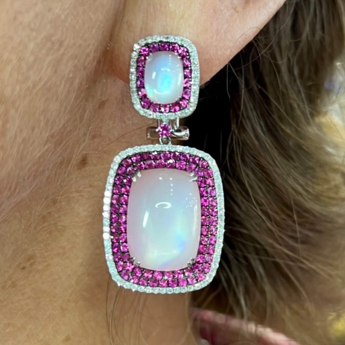 14k White Gold Pink Sapphire & Diamond Earrings: 14k White Gold Pink Sapphire & Diamond Earrings Stone Type: Diamonds Sapphires Metal Type: 14K Metal Color: White Appraisal Price: $5100 Comments: 14k White Gold Pink Sapphire & Diamond Earrings Weigh