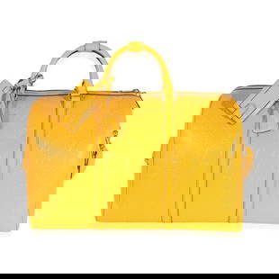 Gucci Yellow Embossed Perforated Calfskin GG Convertible Duffle: Gucci Yellow Embossed Perforated Calfskin GG Convertible Duffle Dimensions: 20.75 x 11.5 x 10.75 Handbag Accessories: Clochette;Dustbag;ID Tag;Lock;Care Booklet;Key;Removable Straps Bag Width: 20.75