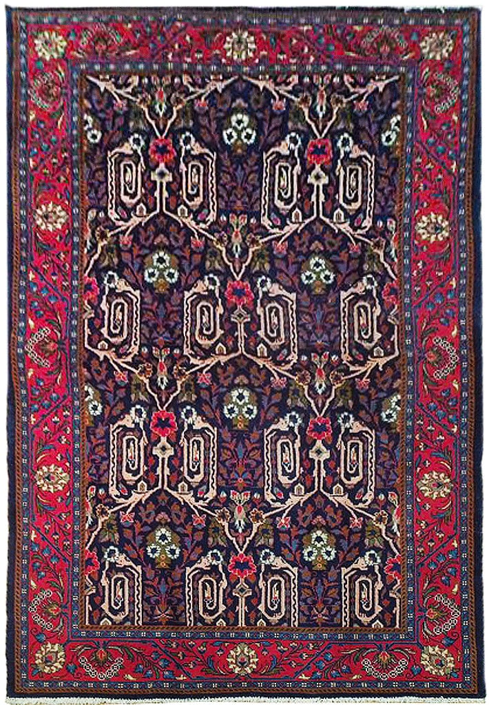 4 x 7 Navy Blue Fine Persian Bijar Rug: 4 x 7 Navy Blue Fine Persian Bijar Rug Free continental US Shipping Size in Feet: Width: 4 x Length: 7 Size in Inches: Width: 48 in x Length: 84 in Colors: Dark Indigo Pastel Red Weave: 100% Handmade 