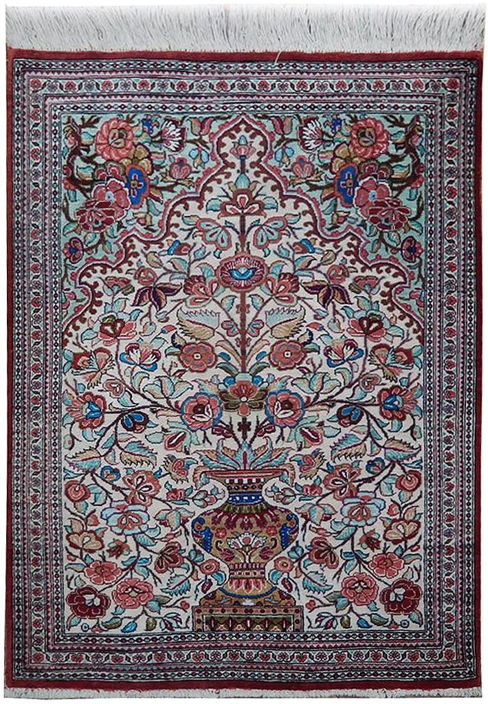 2 x 3 Fine Silk Genuine Persian Qum Rug: 2 x 3 Fine Silk Genuine Persian Qum Rug Free continental US Shipping Size in Feet: Width: 2 x Length: 2.6 Size in Inches: Width: 24 in x Length: 30 in Rug Type: Area Rug Colors: Ivory Weave: Hand-Knot