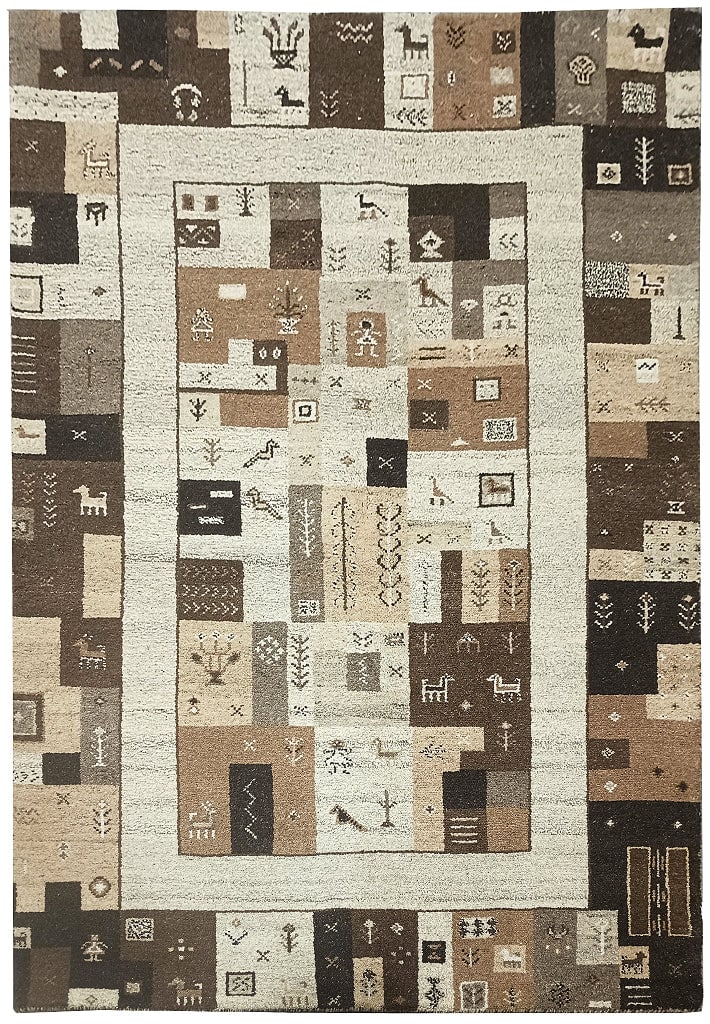 5 x 7 New Handmade Gabbeh Rug Thick Wool: 5 x 7 New Handmade Gabbeh Rug Thick Wool Free continental US Shipping Size in Feet: Width: 4.9 x Length: 6.8 Size in Inches: Width: 57 in x Length: 80 in Rug Type: Area Rug Colors: Brown beige Weave: 