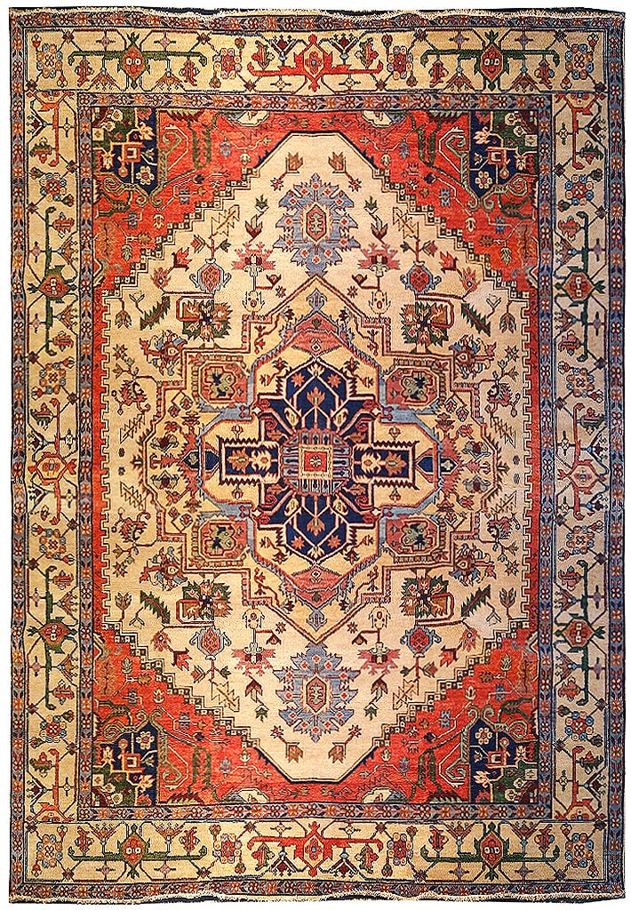 9 x 12 New Serapi Rug Hand-knotted Turkey: 9 x 12 New Serapi Rug Hand-knotted Turkey Free continental US Shipping Size in Feet: Width: 9.1 x Length: 12 Size in Inches: Width: 109 in x Length: 144 in Rug Type: Area Rug Colors: Beige Coral Weave