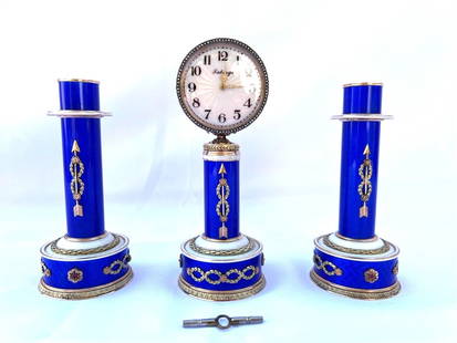 FABERGE 14K GOLD DIAMOND RUBY ENAMEL CLOCK & PAIR OF CANDLE STICKS 570 GR: FABERGE 14K GOLD DIAMOND RUBY ENAMEL CLOCK & PAIR OF CANDLE STICKS 570 GR Type: candle sticks Metal Purity: 14k Base Metal: Gold Style: candle stick clock Main Stone Color: White Metal: Yellow Gold