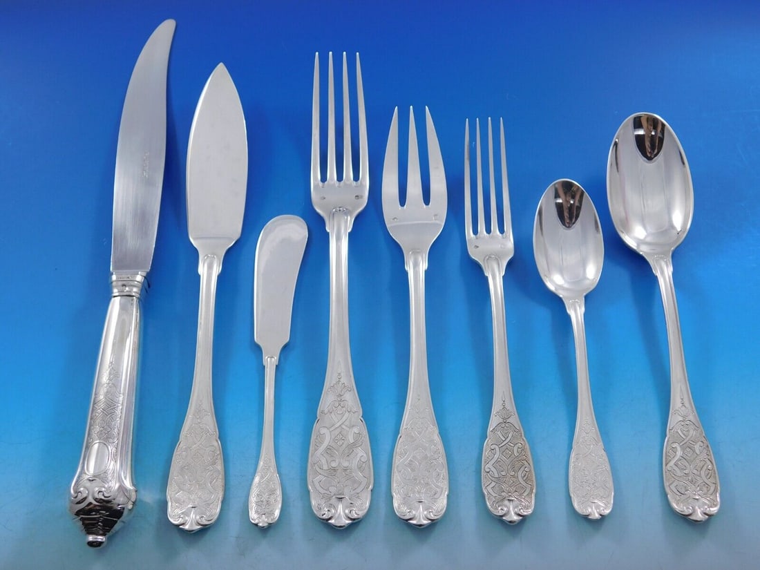 Elysee by Puiforcat French Sterling Silver Flatware Set 12 Dinner Service 96 pcs: Elysee by Puiforcat French Sterling Silver Flatware Set 12 Dinner Service 96 pcs Jean elysa(c)e puiforcat was a french silversmith, sculptor and designer. Puiforcat is considered the "most important f