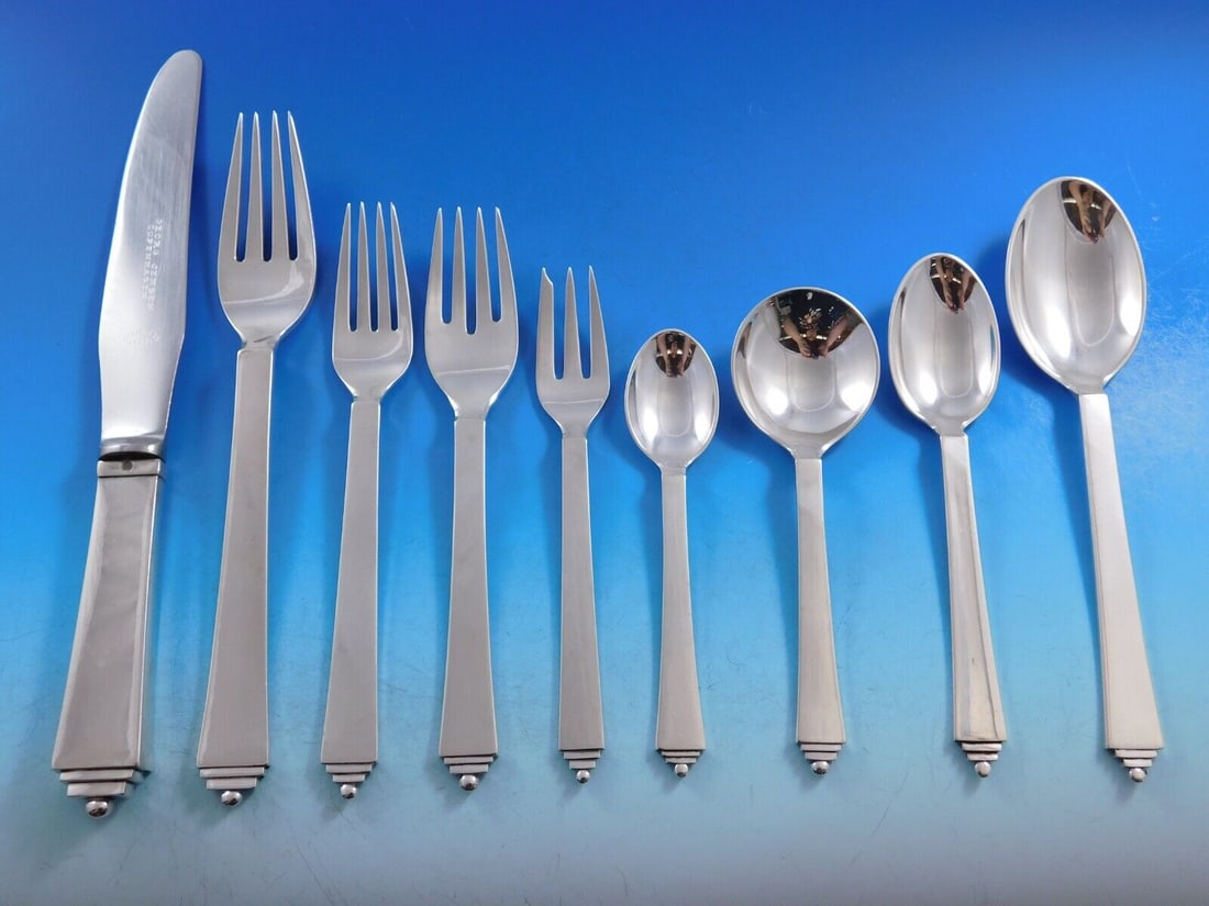 Pyramid by Georg Jensen Sterling Silver Flatware Set 8 Service 75 pieces Dinner: Pyramid by Georg Jensen Sterling Silver Flatware Set 8 Service 75 pieces Dinner The pyramid pattern was inspired by the styling of the art deco period with it's sleek and modern lines. The name georg 
