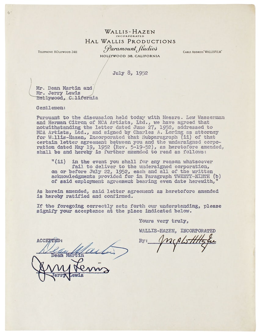 Dean Martin & Jerry Lewis Signed 8.5x11 Paramount Pictures Contract BAS #AD64170: Dean Martin & Jerry Lewis Signed 8.5x11 Paramount Pictures Contract BAS #AD64170 Industry: Movies Original/Reproduction: Original Autograph Authentication: Beckett Product Coa: Beckett Product Signed 