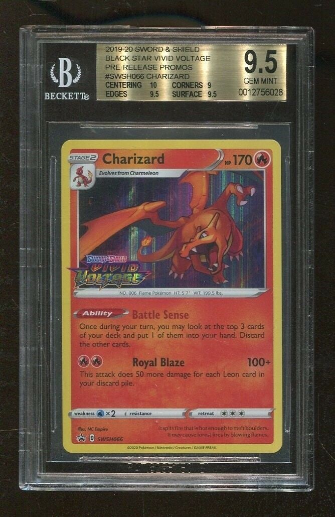 Pokemon 2019 Sword Shield Black Star Vivid Voltage Pre Release Charizard BGS 9.5: Pokemon 2019 Sword Shield Black Star Vivid Voltage Pre Release Charizard BGS 9.5 Brand: Sword Shield Modified Item: No Country/Region of Manufacture: United States Genre: Fantasy Sport: Pokemon Pre-Ow