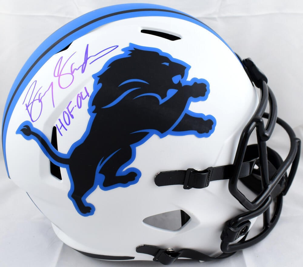 Barry Sanders Signed Detroit Lions Lunar F/S Speed Helmet w/HOF- Beckett W Holo: Barry Sanders Signed Detroit Lions Lunar F/S Speed Helmet w/HOF- Beckett W Holo Sport: Football Product: Helmet Original/Reprint: Original Player: Barry Sanders Team: Detroit Lions Autograph Authentic