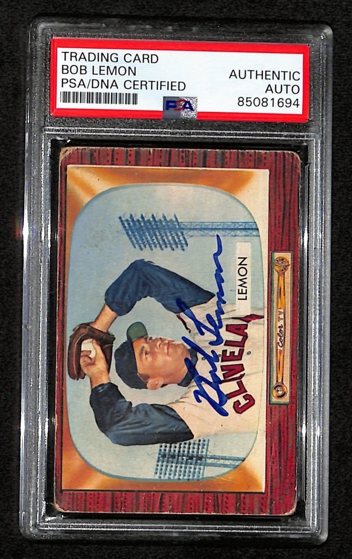 Bob Lemon HOF Signed 1955 Bowman Card #191 Cleveland Indians PSA/DNA 184517: Bob Lemon HOF Signed 1955 Bowman Card #191 Cleveland Indians PSA/DNA 184517 Productname: Bob Lemon HOF Signed 1955 Bowman Card #191 Cleveland Indians PSA/ Original/Reprint: Original Player: Bob Lemon 