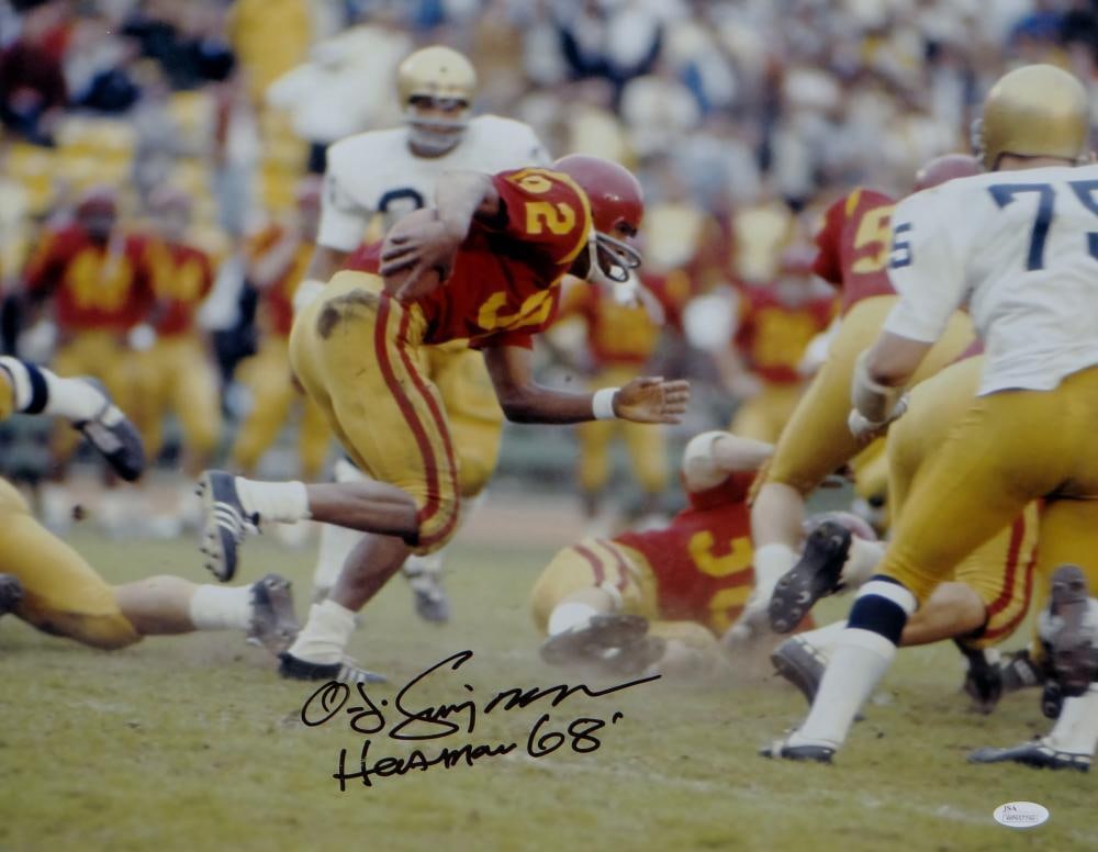 O. J. Simpson Signed USC Trojans 16x20 Running Photo w/ Heisman- JSA-W: O. J. Simpson Signed USC Trojans 16x20 Running Photo w/ Heisman- JSA-W Sport: Football Product: Photo Original/Reprint: Original Pre-Owned While the lot images are representative of the item, the size