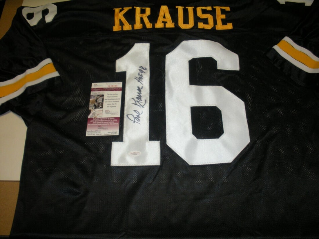 PAUL KRAUSE IOWA HAWKEYES HOF 1998 VIKINGS LAST ONE JSA/COA SIGNED JERSEY: PAUL KRAUSE IOWA HAWKEYES HOF 1998 VIKINGS LAST ONE JSA/COA SIGNED JERSEY Product: Jersey Sport: Football-NFL Original/Reprint: Original Pre-Owned While the lot images are representative of the item,