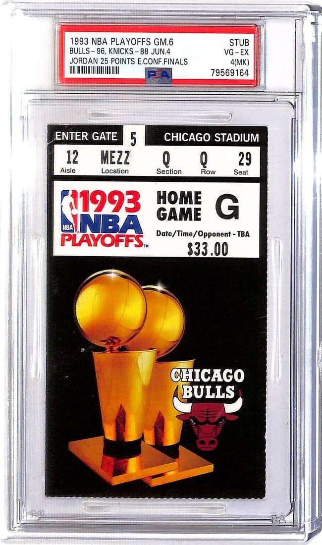 1993 NBA Conference Finals Game 6 Ticket PSA 4 Bulls Clinch Over Lakers Jordan: 1993 NBA Conference Finals Game 6 Ticket PSA 4 Bulls Clinch Over Lakers Jordan Player: Michael Jordan Original or Reprint: Original Grade: 4 Vintage: Yes Event/Tournament: Conference Finals Item: Tick