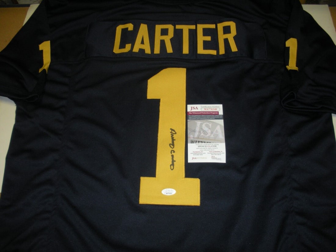 ANTHONY CARTER MICHIGAN WOLVERINES LAST ONE JSA/COA SIGNED JERSEY: ANTHONY CARTER MICHIGAN WOLVERINES LAST ONE JSA/COA SIGNED JERSEY Sport: Football-NFL Original/Reprint: Original Product: Jersey Pre-Owned While the lot images are representative of the item, the size