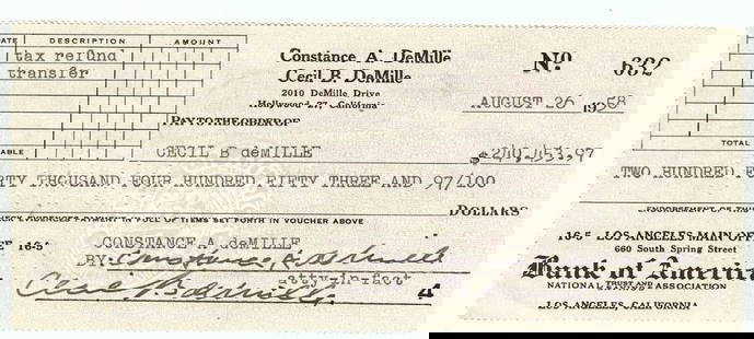 Cecil B. DeMille Signed Autograph Bank Check Hollywood Legend $240k JSA: Cecil B. DeMille Signed Autograph Bank Check Hollywood Legend $240k JSA Industry: Movies Original/Reproduction: Original Autograph Authentication: James Spence (JSA) Pre-Owned While the lot images