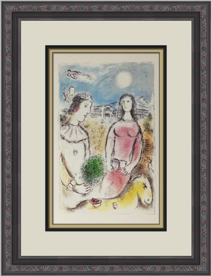 Marc Chagall Couple at Dusk Custom Framed Print: Marc Chagall Couple at Dusk Custom Framed Print Size: Medium Region Of Origin: united states Artist: Marc Chagall Production Technique: Lithography Framing: Matted & Framed Style: Cubism Modernism Sur
